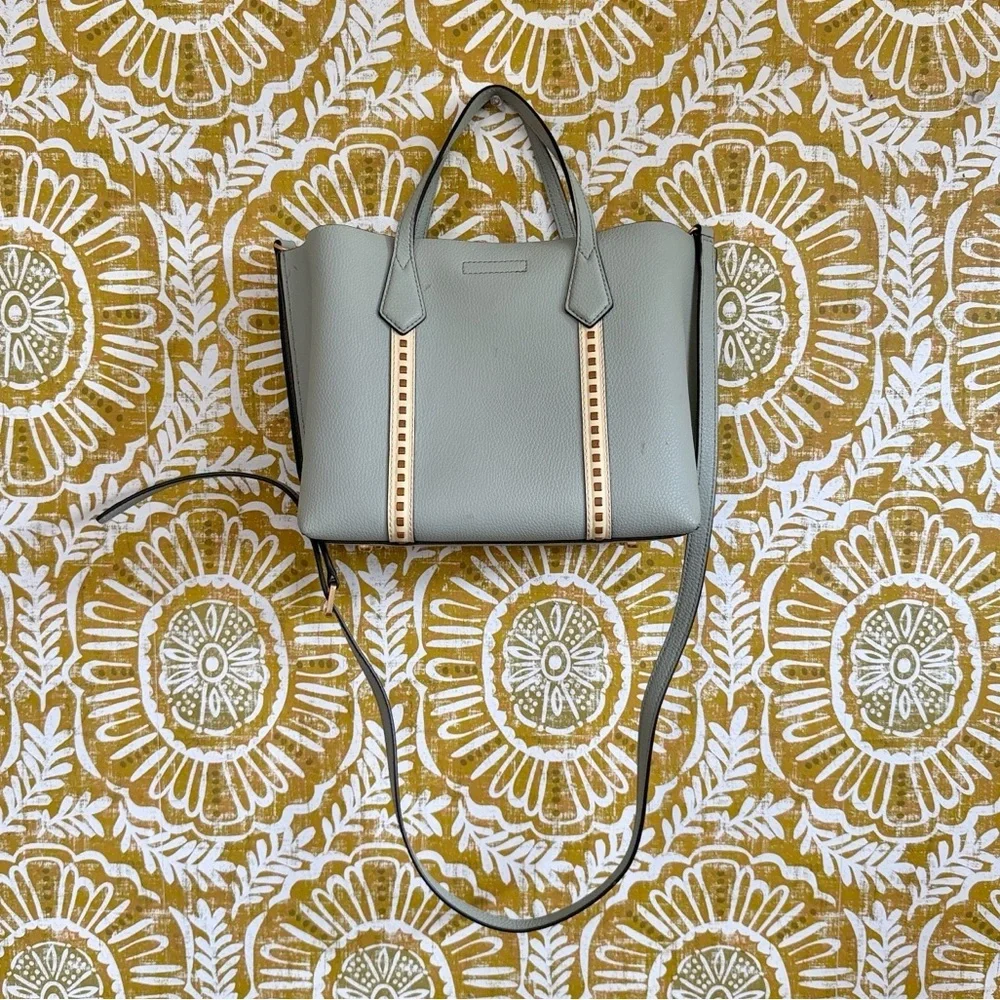 Tory Burch Perry Small Pick-Stitch Triple Compartment Tote Bag Pine Frost $428